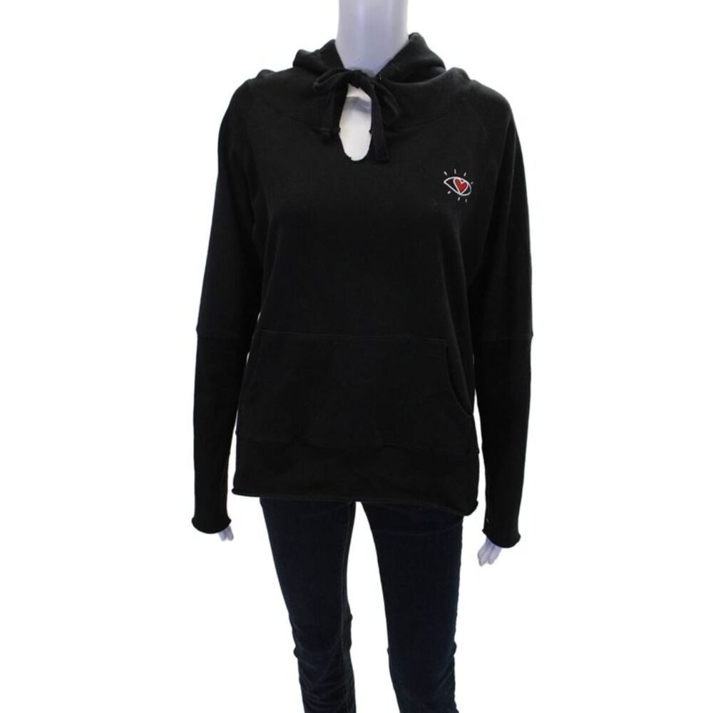 Chrldr Womens Cotton Embroidered Front Pocket Pullover Hoodie Black SIze S